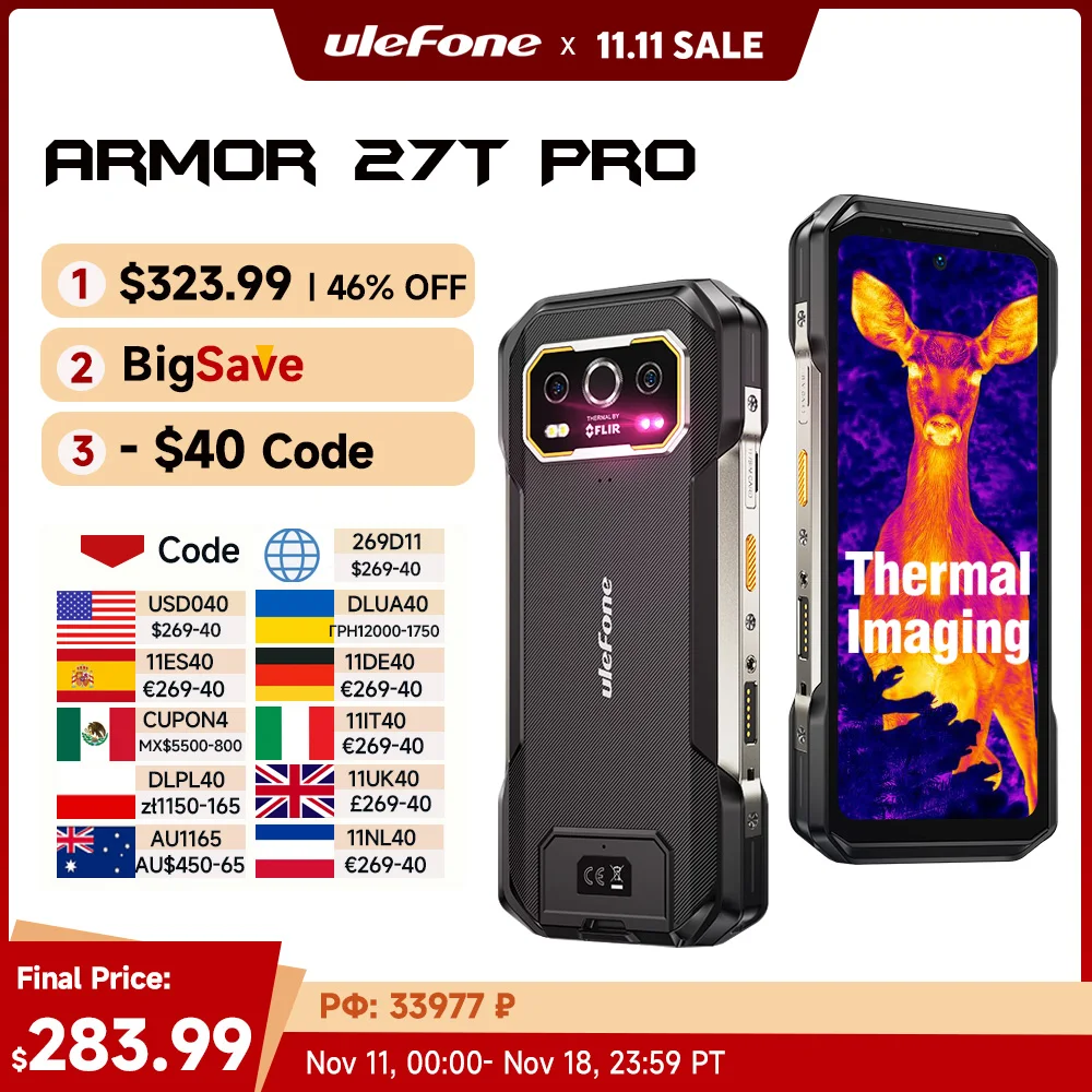 【세계 최초 공개】Ulefone Armor 27T Pro 5G 견고한 휴대전화 10600mAh Android 14 스마트폰 50MP+64MP 야간 카메라 6.78" 최대 24GB+256GB NFC