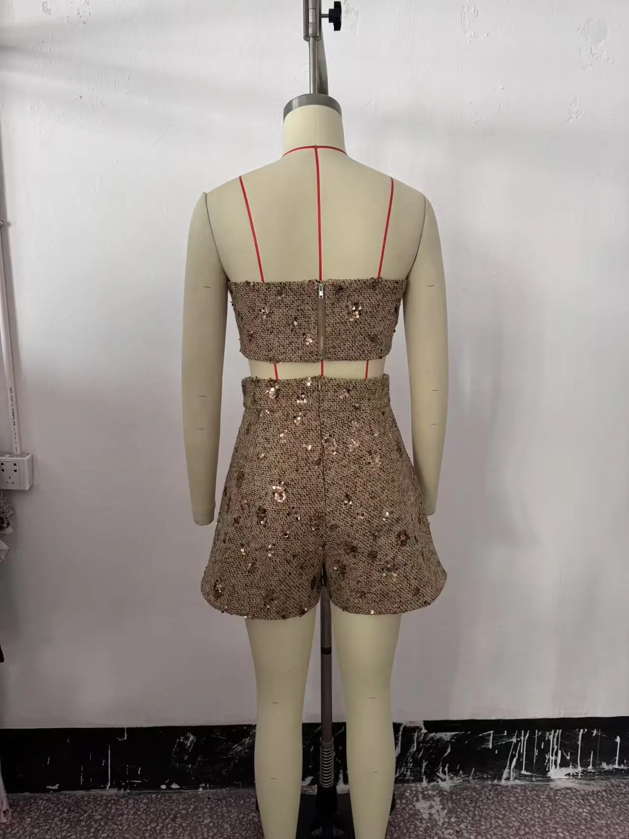 KONDALA Chic Plaid Streetwear Sequined Women Suits Strapless Sexy Short Top+High Waist Mini Shorts Fashion 2025 Y2K Mujer Sets