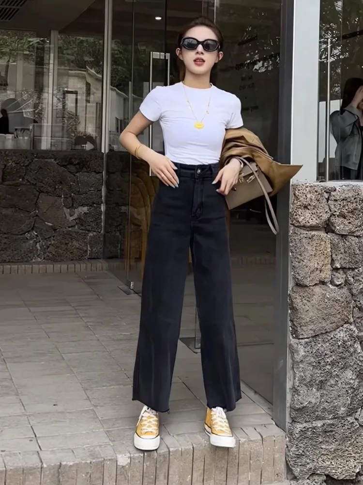 Black High Waist Wide Leg Jeans Women's 2026 New Small Size Slimming Versatile Frayed Nine Point Straight Cut Long Pants