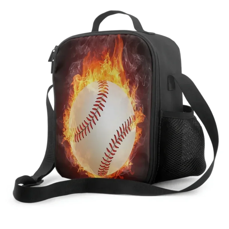 Flame Baseball insulated lunch box for girls boys leakproof portable lunch bag with adjustable shoulder strap Cooler Tote Bag