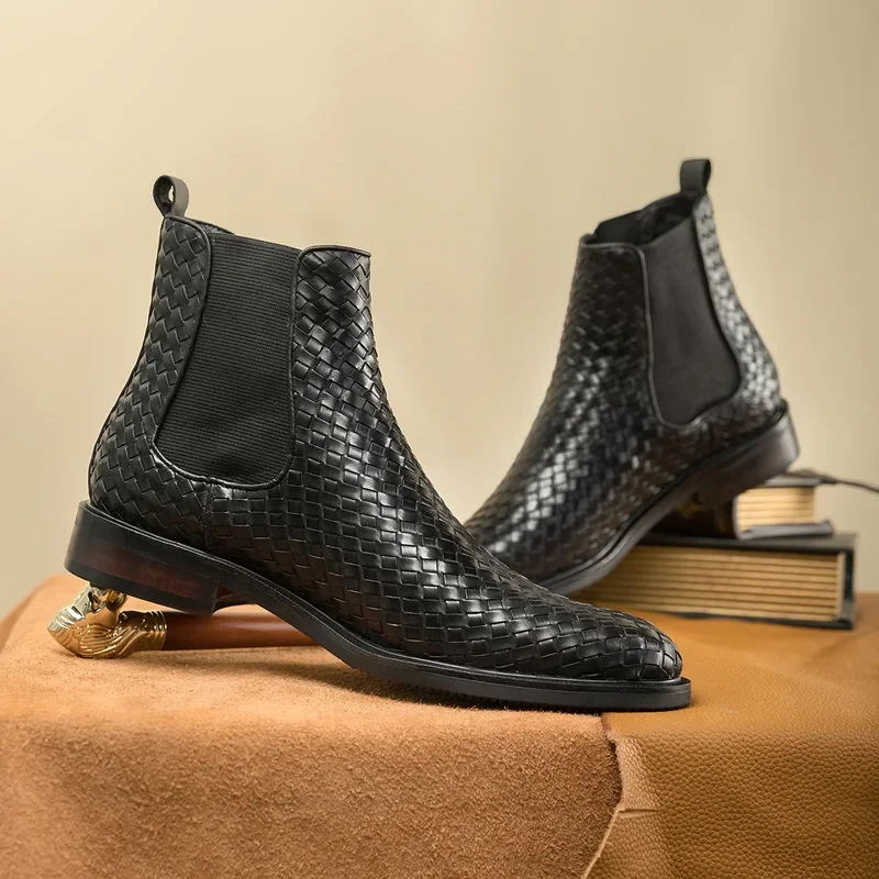 Hanmce black Chelsea boots Spring/ Winter high quality weave pattern genuine leather slip-on elegant luxury ankle boots for men