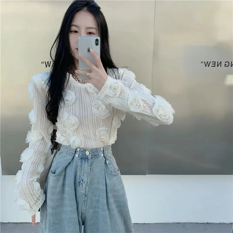 Women Sweater 2023 Spring Autumn New Fashion Korean 3D Flower Casual LooseSweet O-Neck Girls Sweater