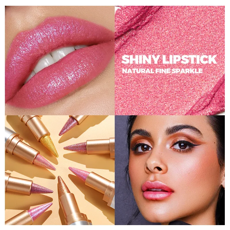 Glanzende diamanten lippenstift, conische glitter sterrenhemel lipliner, 2 in 1 parelmoer lipgloss, langdurig waterdicht, gemakkelijk te kleuren