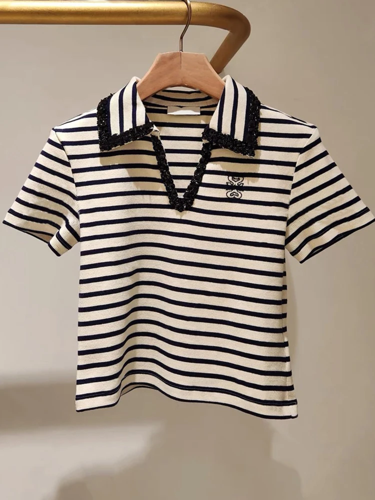 

Ele Women's Summer Ne Knitted T-irt Striped Preppy Sle Top Comfortable Breathable Casual Faion for Ladies