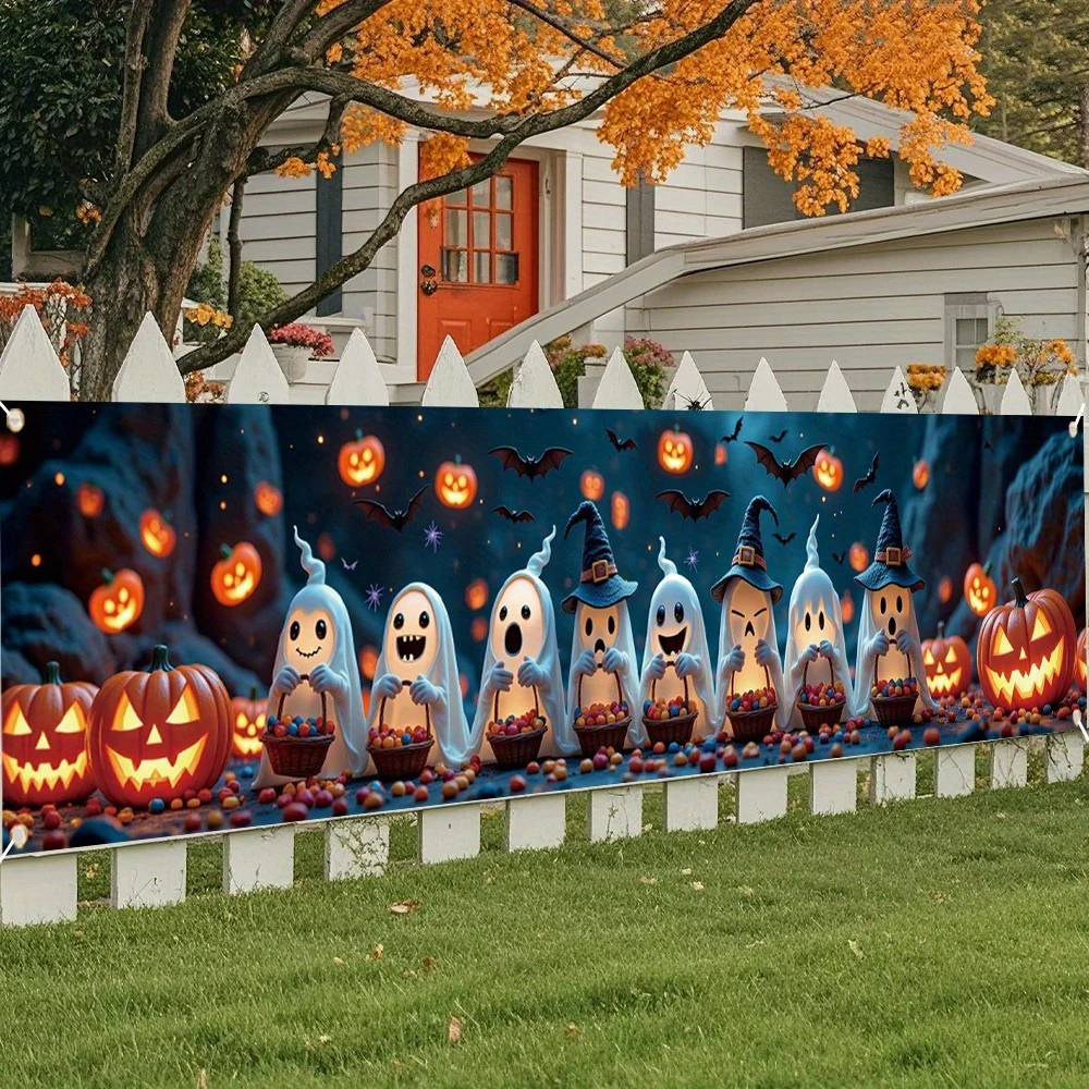 Image of Fröhliches Halloween-Zaunbanner, Niedlicher Geister-Hexenhut, Süßigkeiten-Kürbislaterne, Fledermaus-Druck, Lange Hängeflagge für Garten und Außendekoration