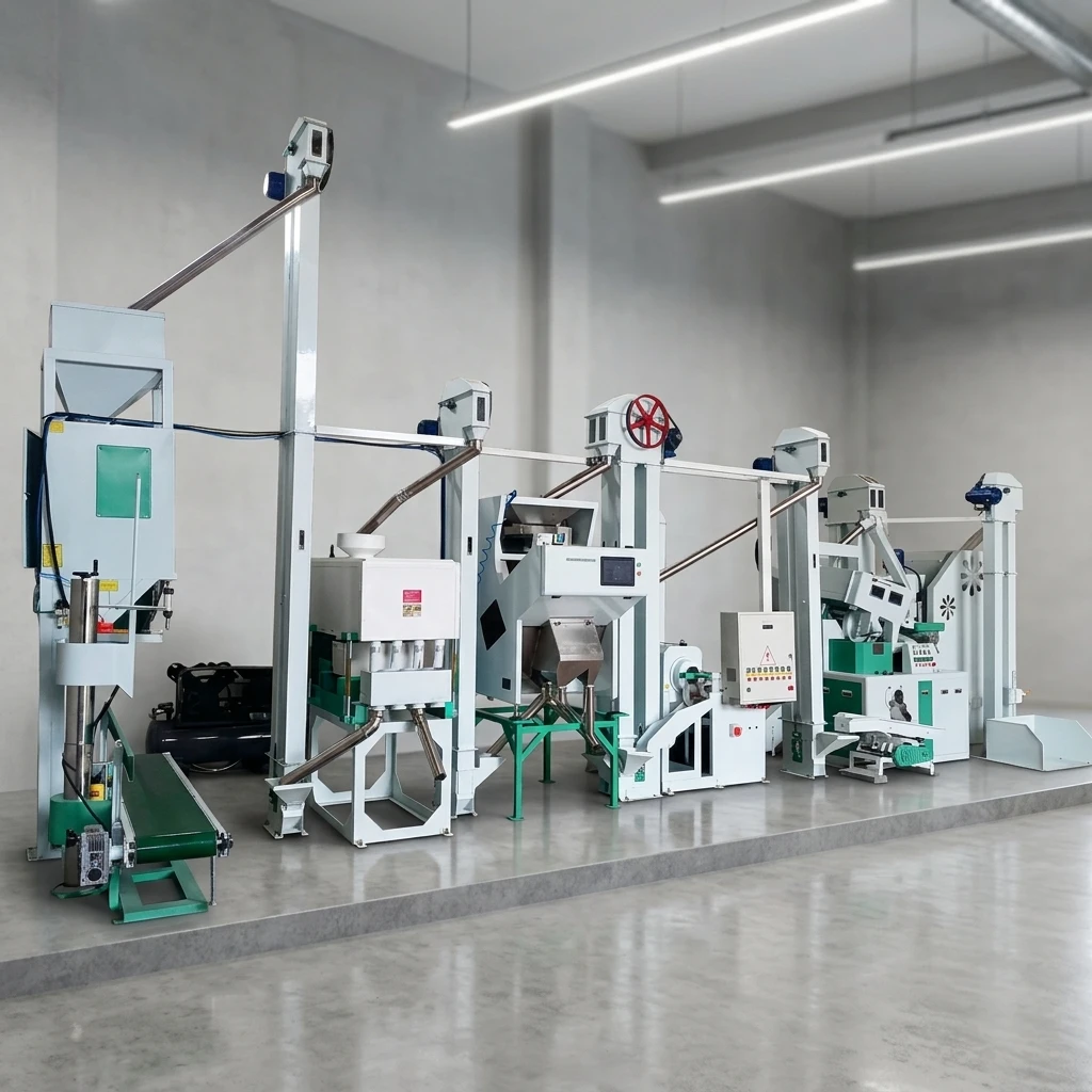 Automatic Combined Rice Mill 1TPH 15-20TPD Paddy Milling Line Destoner Whitener Optional Color Sorter 380V CE