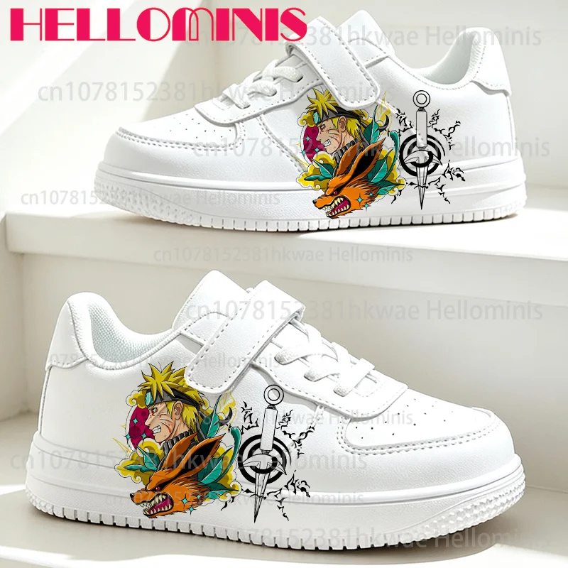 Anime Theme Kids Flat Sneakers, Ninja Cartoon Print White Leather Board Shoes Breathable Casual Footwear for Boys & Girls