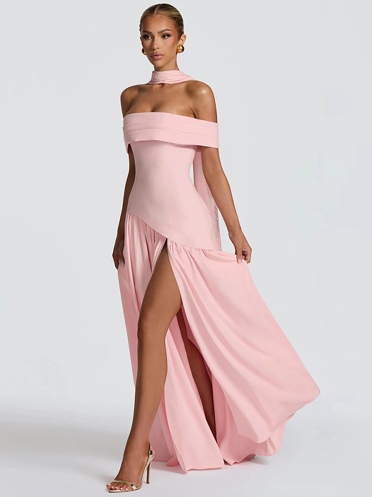 Weird Puss Sexy Slash Neck Split Dress Women Irregular Ribbon Ruched Elegant Stretch Skinny Basic Evening Birthday Party Bodycon