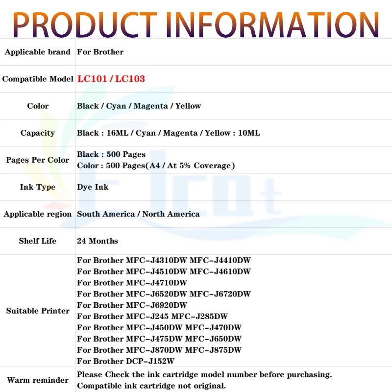 LC101  LC-101  LC103  LC-103 Ink Cartridge Compatible For Brother MFC-J450DW MFC-J475DW MFCJ470DW J4310DW J4410DW 4510DW Printer