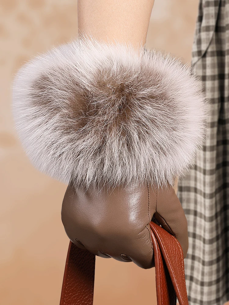 goat-leather-touchscreen-gloves-women's-cute-autumn-winter-riding-windproof-warmth-faionable-fur-trim-gloves