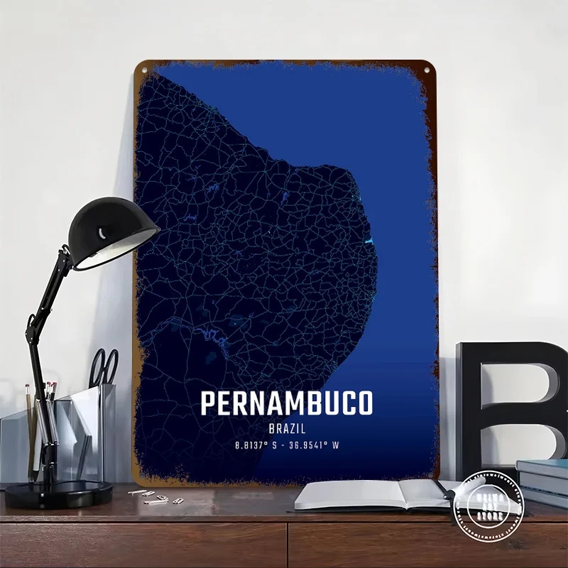 Pernambuco Midnight City Map Metal Poster Customized Wall Art Retro Vintage Tinplate Signs for Man Cave Gamer Room Decoration