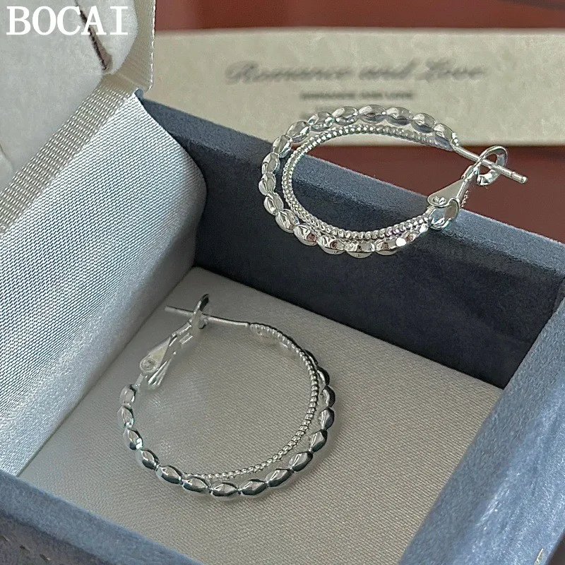 BOCAI S925 Sterling Silver Jewelry Vintage Niche Circle Ear Buckle Women's Selected Gift
