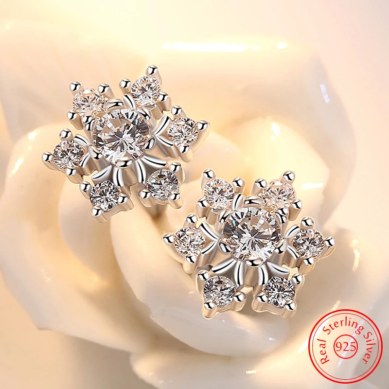 

Real 925 Sterling Silver Women's New Jewelry Crystal Snowflake Stud Earrings Fashion XY0501