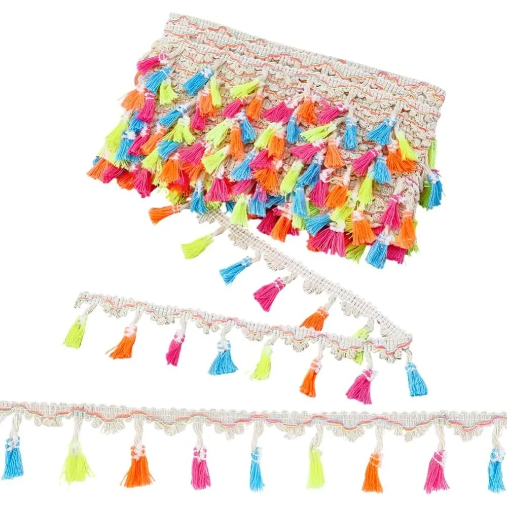 10 Yards Quasten-Fransenbesatz, 1–5/8 Zoll, buntes Quastenbesatzband, Polyester, Nähen, Spitzenstoff für Kleid, Kleidung, Hut, Vorhang