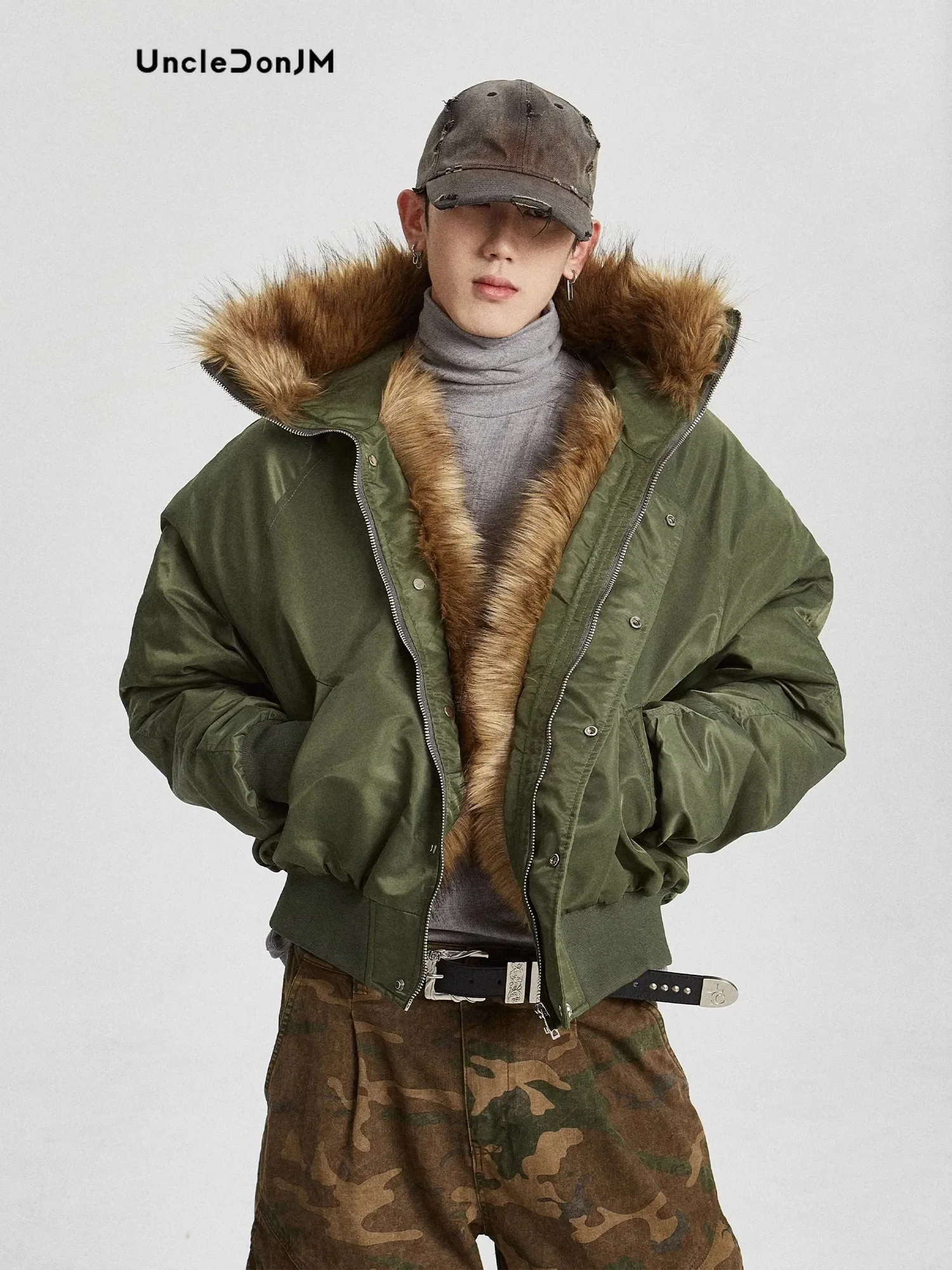 Uncledonjm Fur Collar Hooded Cotton Coat Clean Fit Hip Hop Y2k Puffer Jacket Luxury Men Winter Jacket