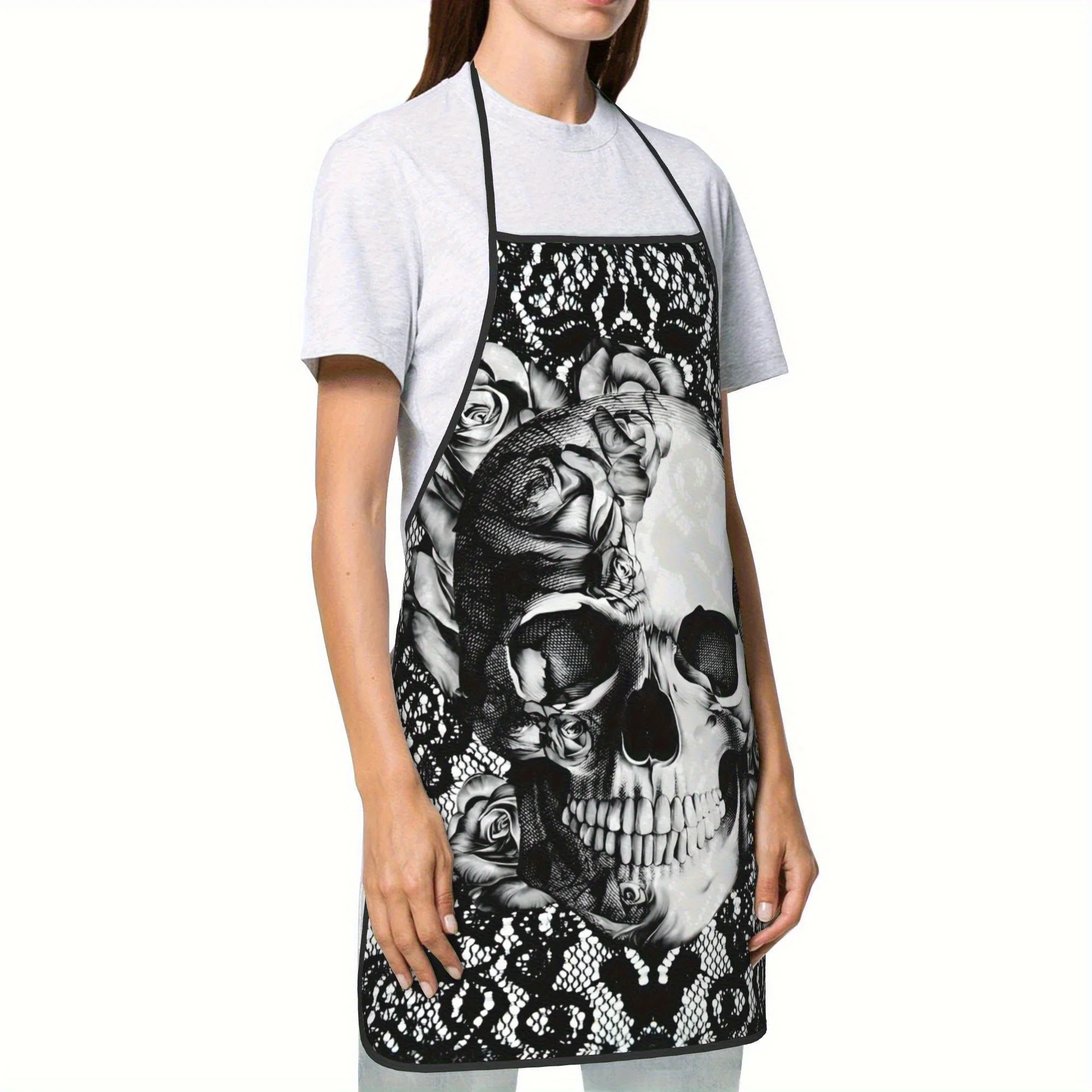 1pc Gothic Skull Lace Apron with Adjustable Neck & Waist Large Kitchen Apron with Pocket, Black & White