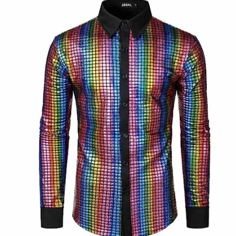 Men Wine Red Plaid Shiny Long Sleeve Shirt Black Contrast Collar Button Down Top Nightclub Disco Stage Party Costume