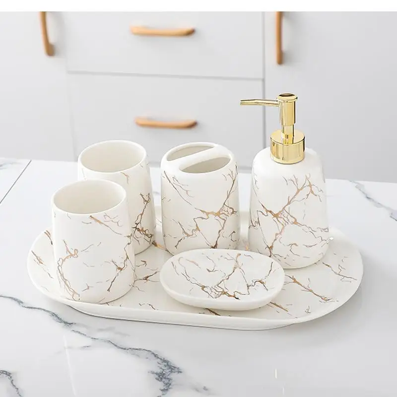 Platinum Marble Texture Ceramic Bathroom Products Set Cup Lotion Bottle Toothbrush Holder Soap Dish Storage Tray