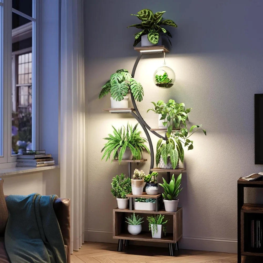 Indoor Plant Stand with Grow Light Tall 63 inch,Wood Tier Plant shelf large,with 3-head Dimmable LED Plant Grow Ligh