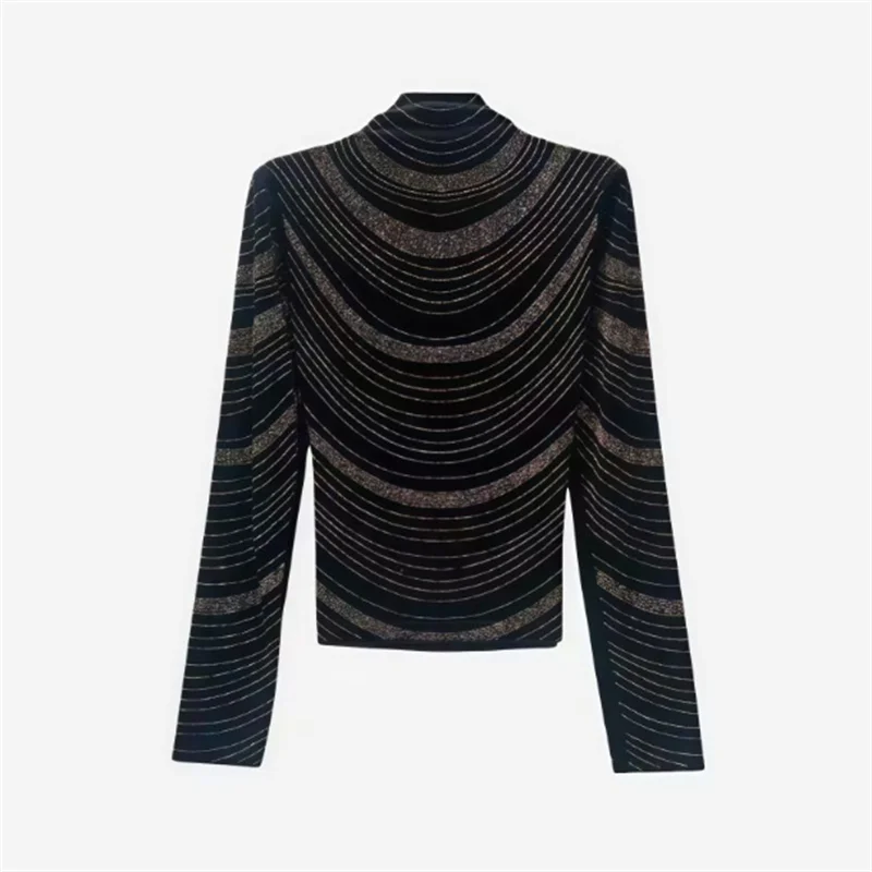 

Diamond Tshirt Women's High Neck T-shirts Long Sleeve Shining Base Top Spring Autumn Casual Woman Tshirt Streetwear Tee