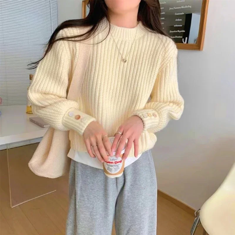 Korean Fashion Women Pullover Soft Cable Knit Crop Sweater Long Sleeve Crew Neck Box-fit Plain Jumper Teen-girl Fall Winter