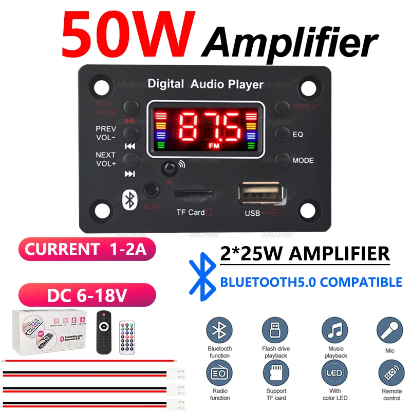 2x25W 50W Bluetooth-Audioverstärker Komplettset mit Aluminiumgehäuse, Fernbedienungs-Farbbox, DC 6-18V für Car Home DIY-Lautsprecher