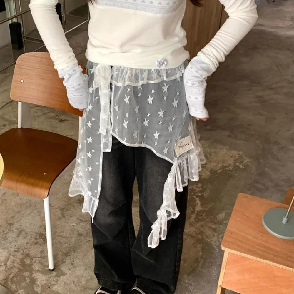 Rok Mini Renda Bintang Manis Rok Kasa Pinggang Tinggi Gaya Jepang Rok Tepi Ruffle Peri Faldas Y2K Pesta