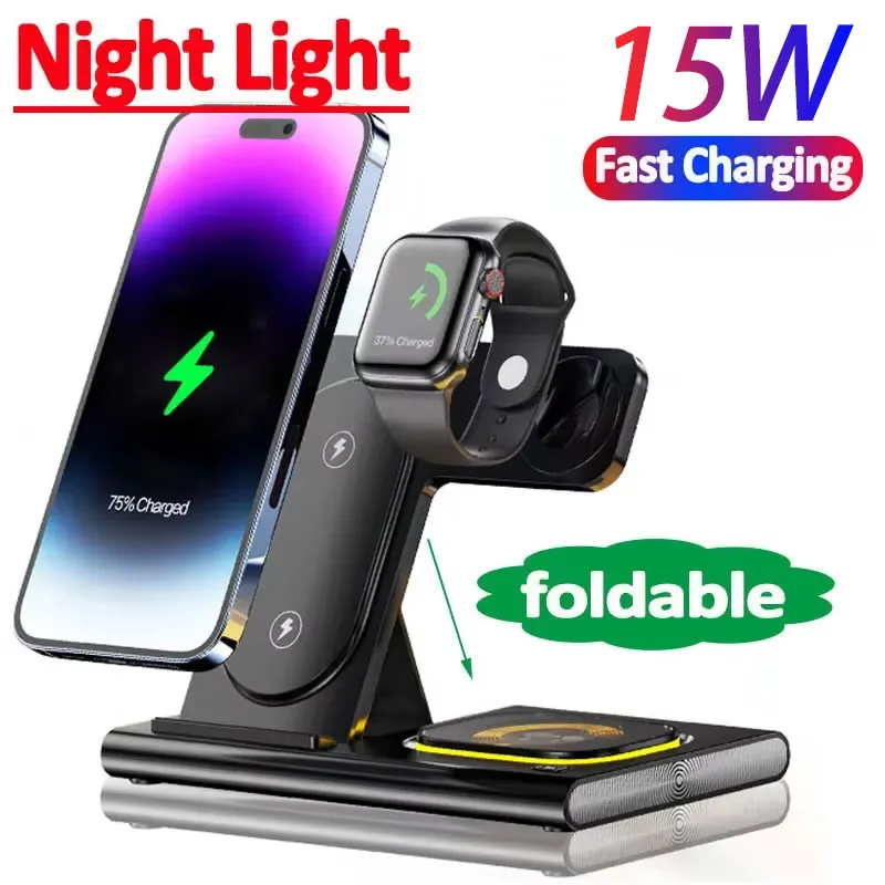 15W Wireless Charger Stand 3 in 1 For iPhone 14 13 12 Pro Max Apple Watch 8 7 Samsung Watch 5 Airpods Fast Charging Dock Station