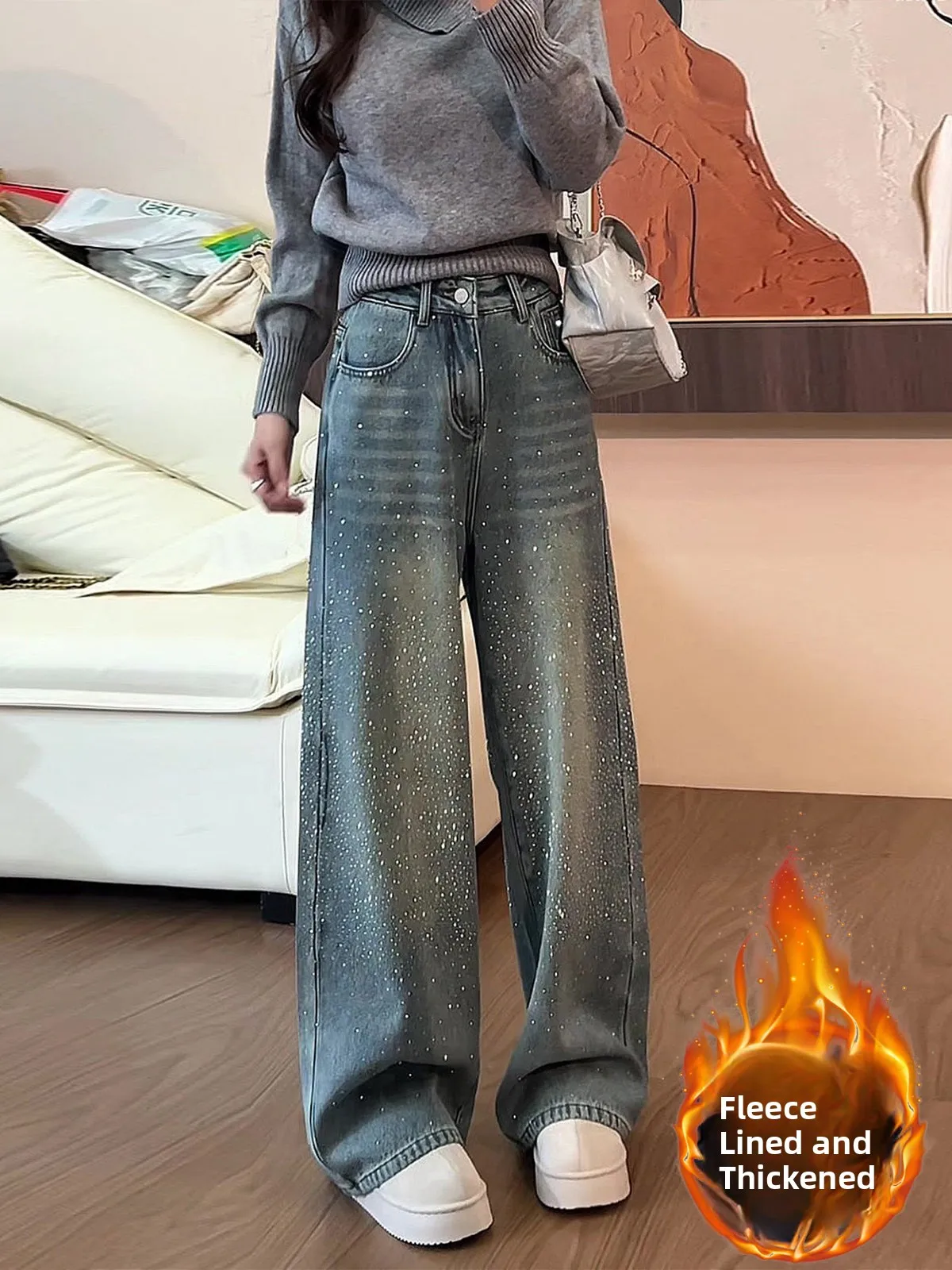 

American Sle Fce Lined Thiened Wide Leg Jeans Women's High Waist Straight Cut Floor Length Pants Winter Casual Jeans