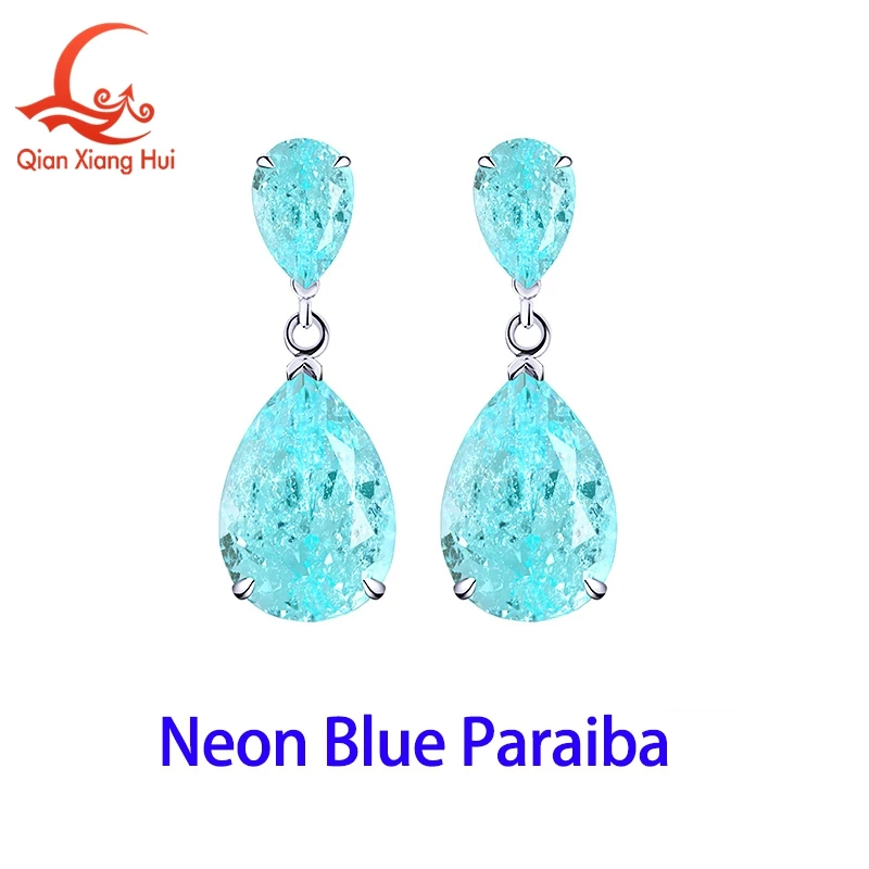 YAG Created Paraiba Tourmaline Earrings 925 Sterling Silver Double Pear Cut Neon Blue/Greenish Blue Drop Earrings Party Jewelry