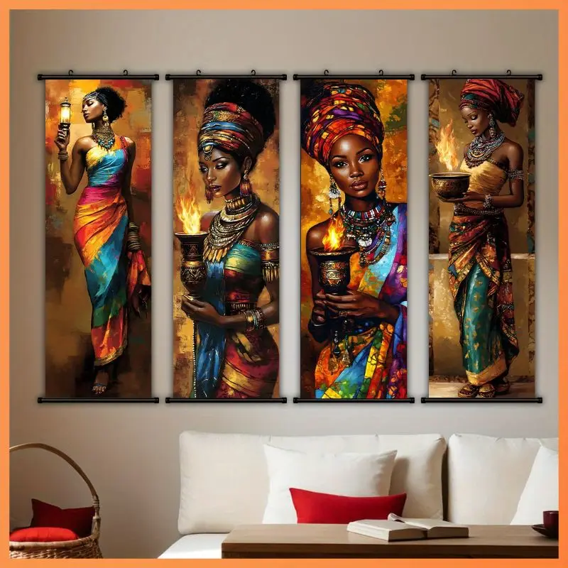 VIKAMA Tribal Queen Lantern Wall Tapestry Multicolor Gown Gold Adornment Flame Portrait Oil Canvas Scroll Art Home Decor Unique