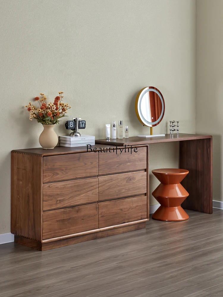 

*Nordic black walnut dresser chest cabinet integrated makeup table simple retractable solid wood desk