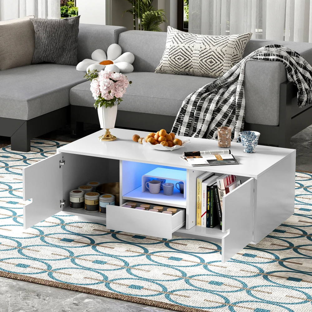 

High Glossy Rectangle Coffee Table,Stylish Center Table，Storage Space,Accent Furniture with 16 Color LED Lights for LivingRoom