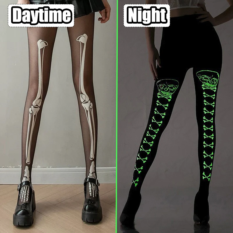 Halloween Night Green Light Tight Pantyhose Gothic Dark Skeleton Bat Printed Fluorescent Thin Anti-scratch Stockings Mood Socks