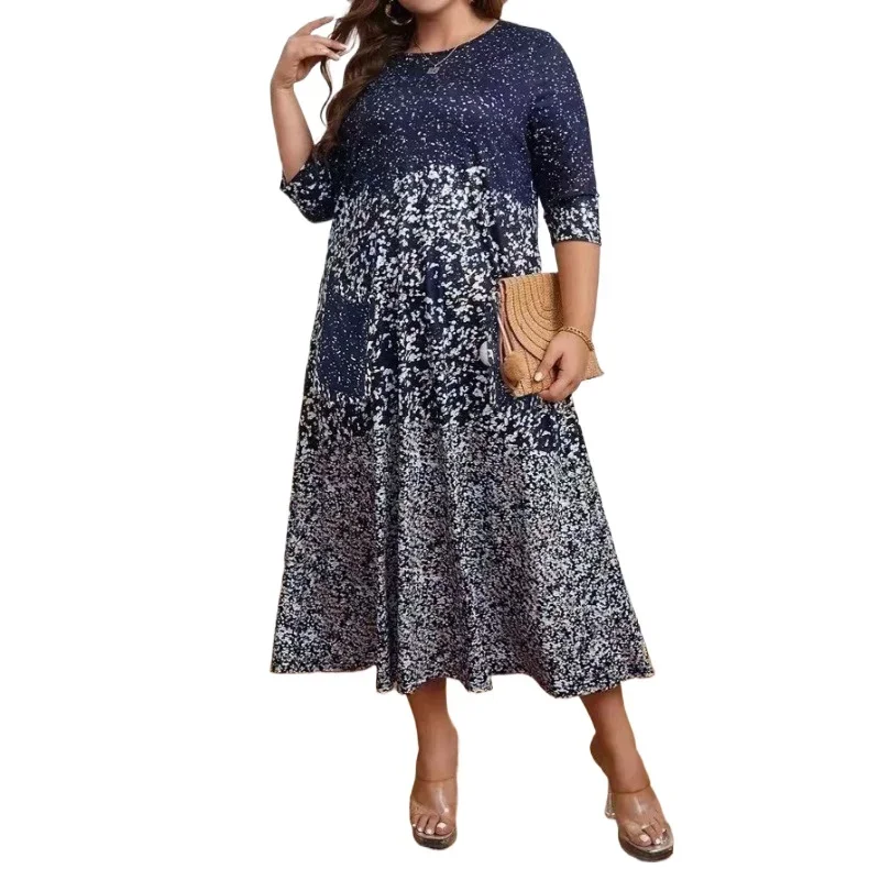 حجم كبير 1XL-5XL جديد المرأة الصيف موضة البولكا نقطة الطباعة مع جيب فستان كاجوال 3/4 كم