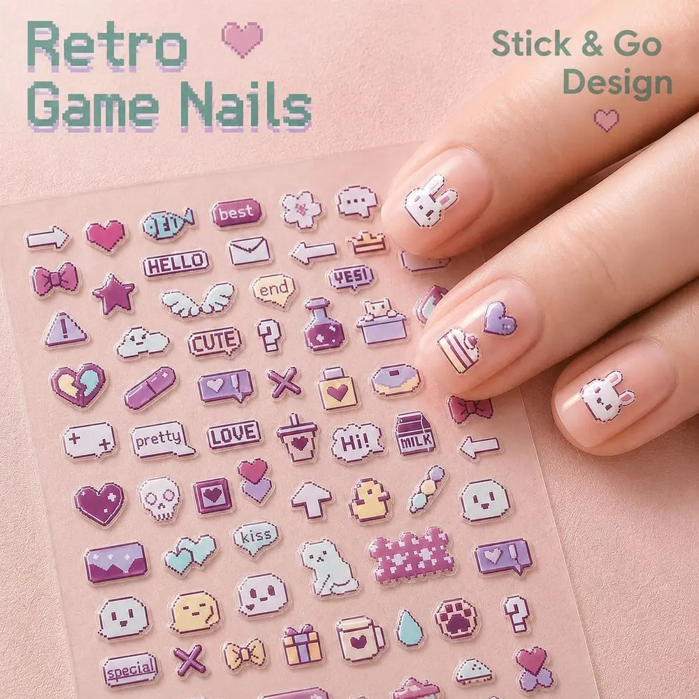 1Pc Y2K Sweet Cool Raised Nail Stickers Pixel Art Cartoon Animal Heart Bow Slider Decals For Beginner Creative Manicure Projects