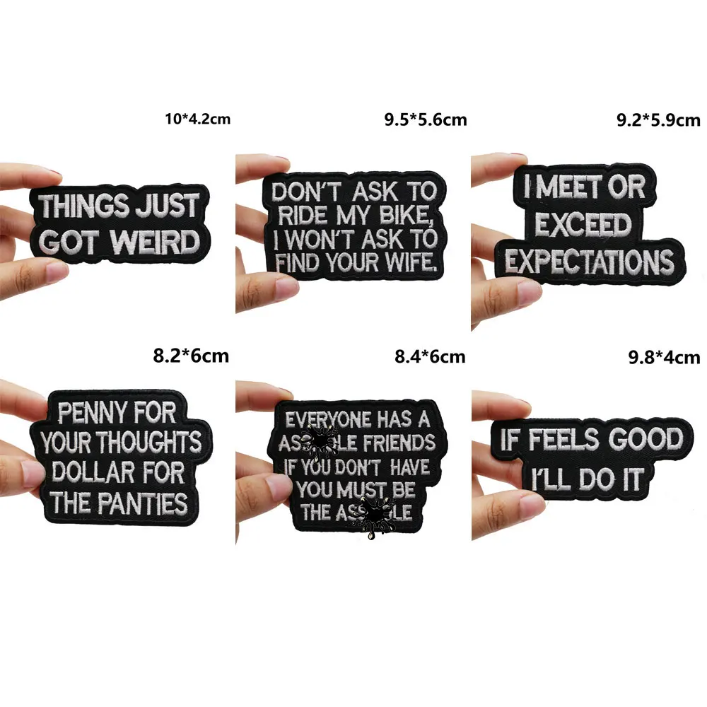 funny text Embroidered Patches Applique Sewing Label punk biker Band Rock Clothes Badges with hook backing or sew on