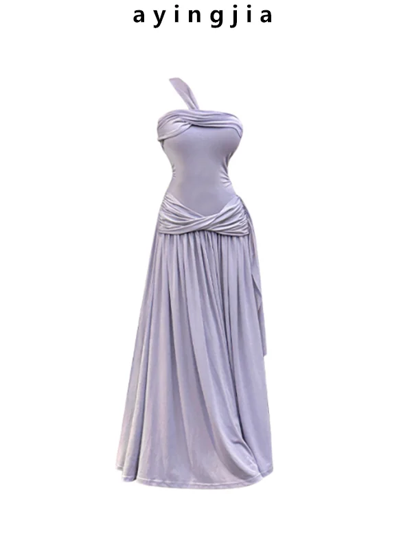 

Новое летнее женское платье на одно плечо, фиолетовое, сексуальное, с дизайном Pure Desire, тонкое, длинное, с завышенной талией, без рукавов, для девушек