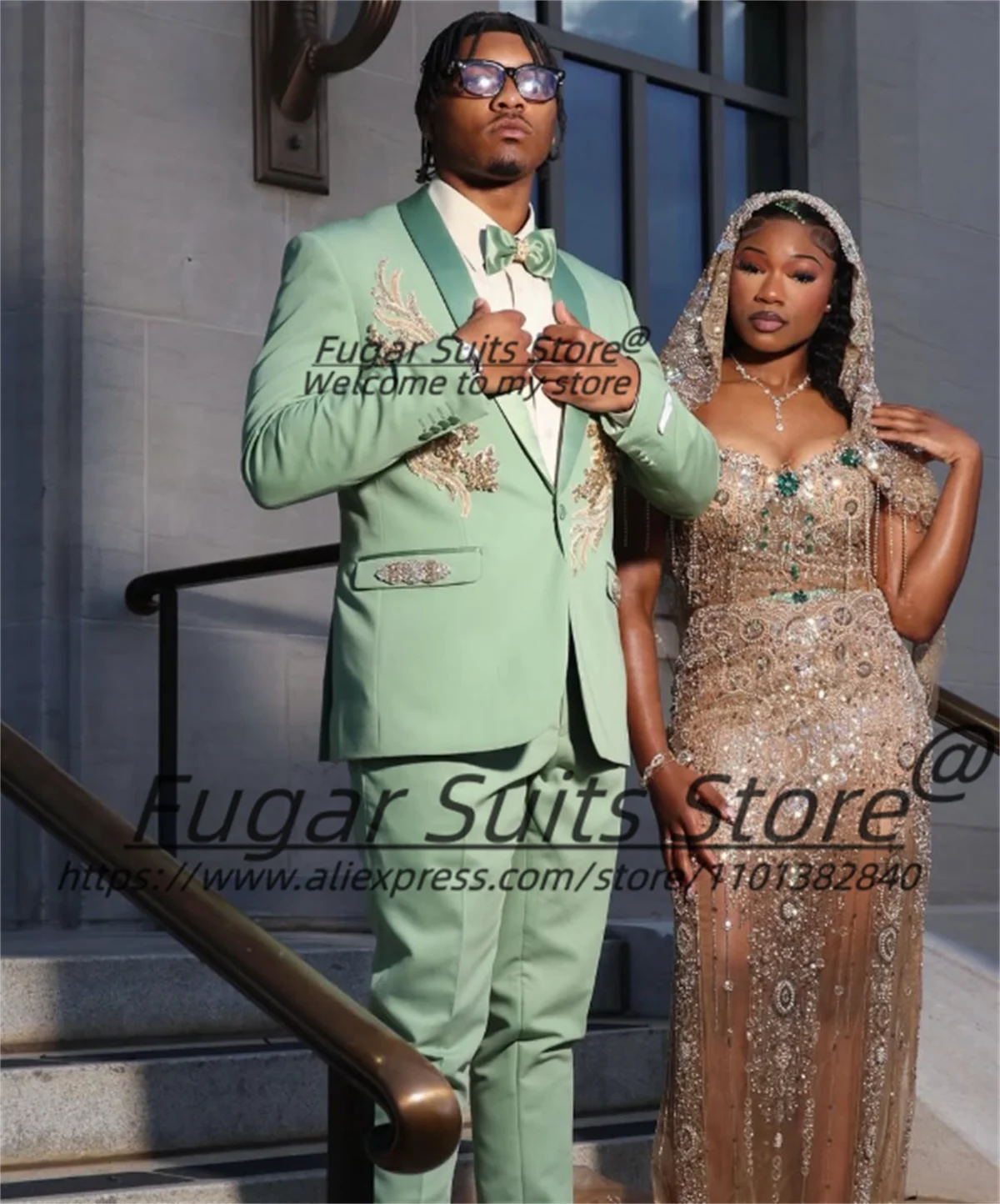 

Fashion Green Men Suits Sparkling Rhinestone Embroidery Groom Wedding Tuxedos 2 Pieces Sets Male Prom Blazers trajes para hombre