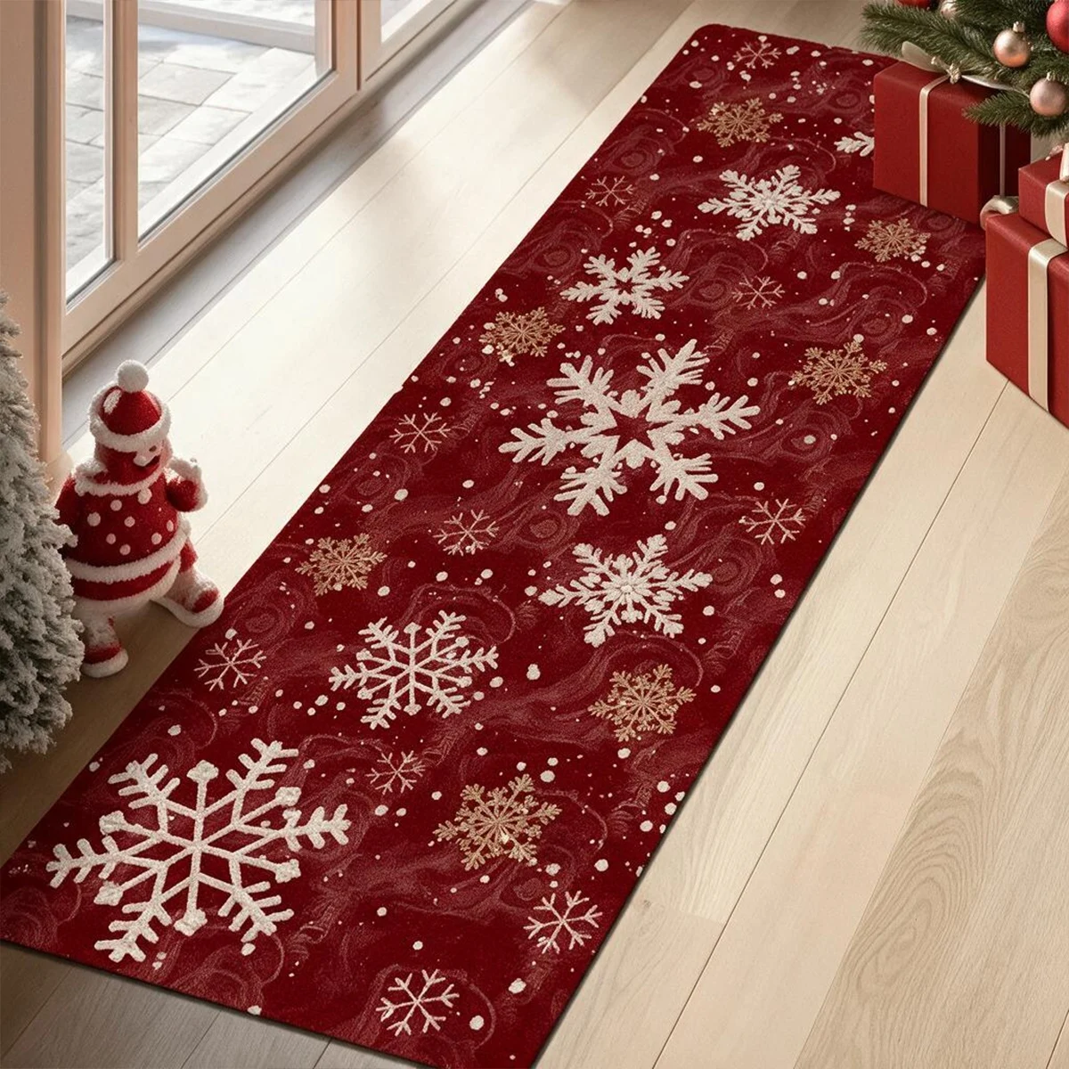 Christmas Kitchen Runner Rug Long Soft Plush Flannel Carpet with Sleigh Print Non Slip Water Absorbent