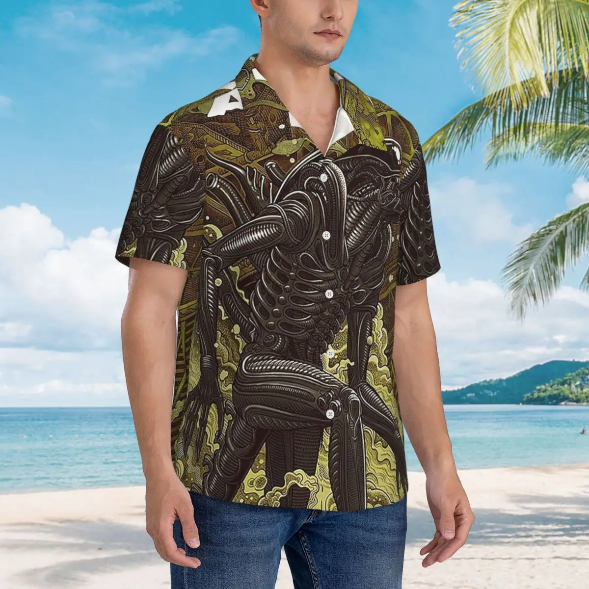 

Movie Alien Hawaiian Shirts Funny Men Short Sleeve Shirt for Summer Beach Men's Button Tops