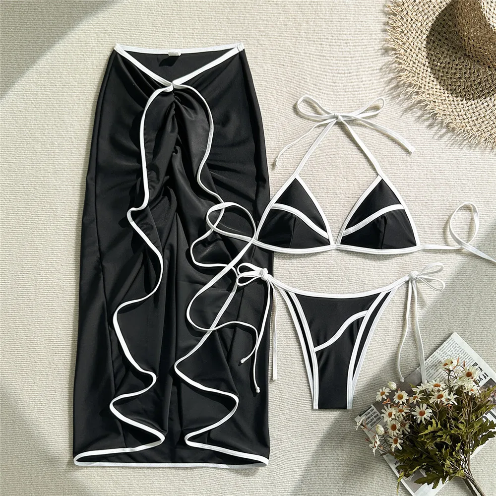 White Triangle String Halter Micro Thong Bikinis Sets 3 Pieces Ruffled Skirts Cover Up Sexy Swimsuit Women Holiday Swimwear 2025