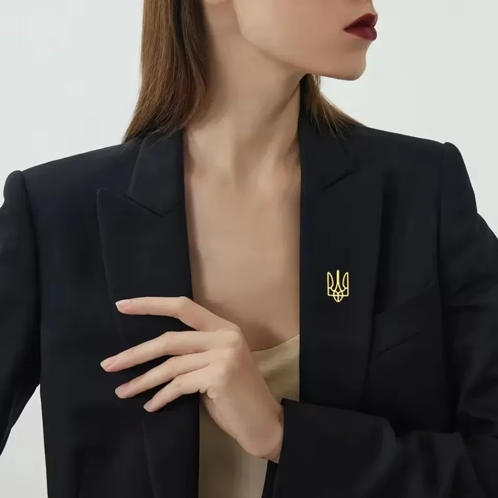 Fashion Ukraine Stainless Steel Gold Color Hollowed-out Badge Brooches for Women Men Suit Collar Badge Pin Jewelry Accessory