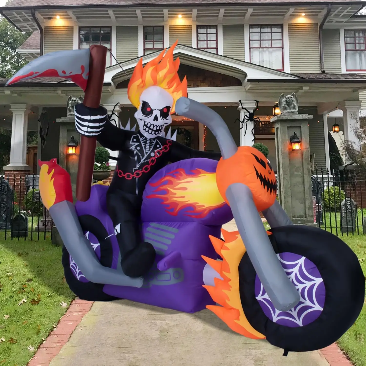 6 FT Halloween Inflatable Grim Reaper Motorcycle Rider Scary Halloween Blow Up Outdoor Decorations Grim Reaper Riding on Motorbi