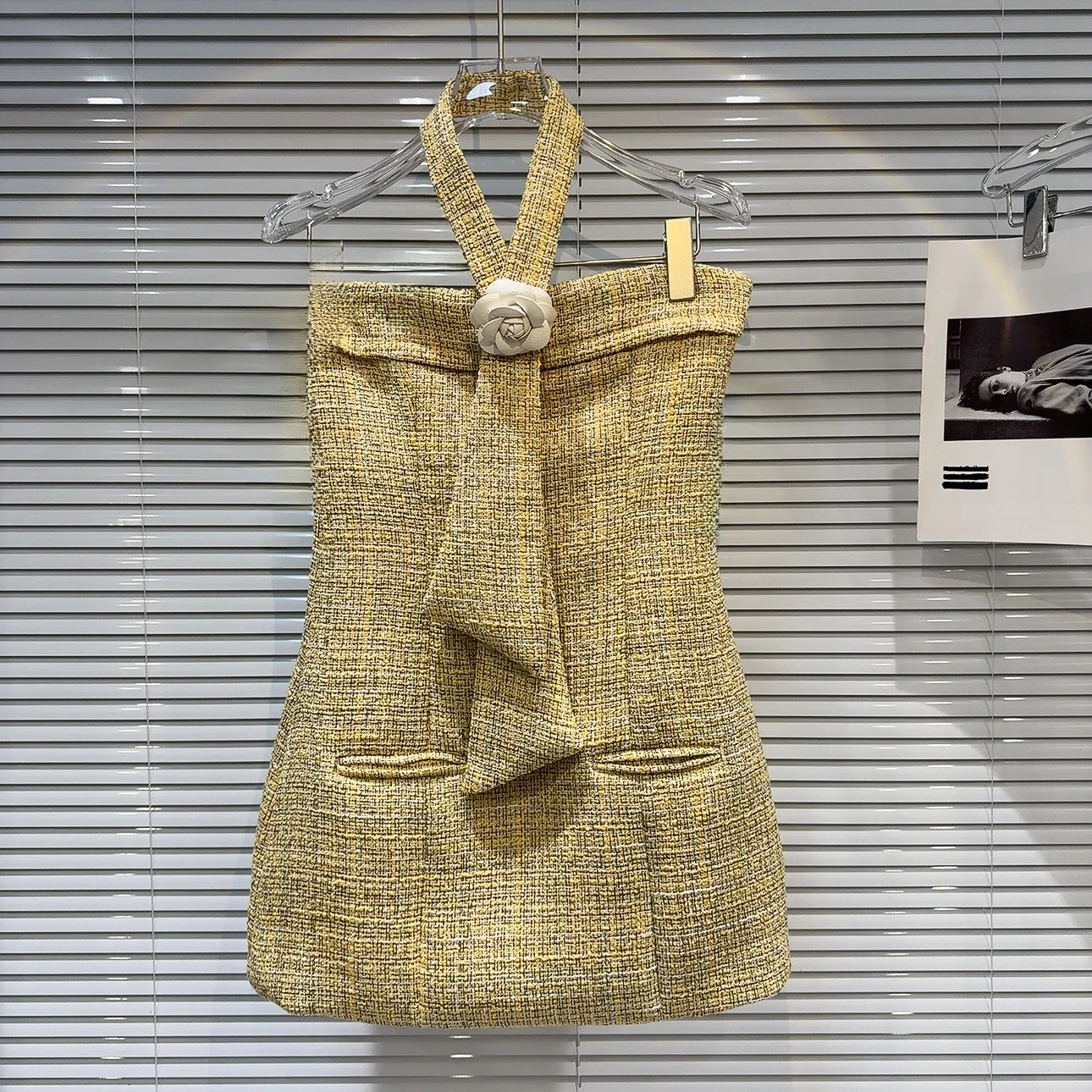 2026年春 花柄タイネック チュール風ツイード バストアップブラ レディースファッション アイコン Hライン スリム 通勤 ポリエステル生地