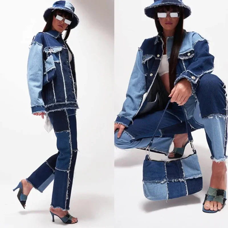 Jeans Women Straight Pants Patchwork Denim Trousers Splice Color Contrast Tassel PantsTrendy Fashion Streerwear Style Cool