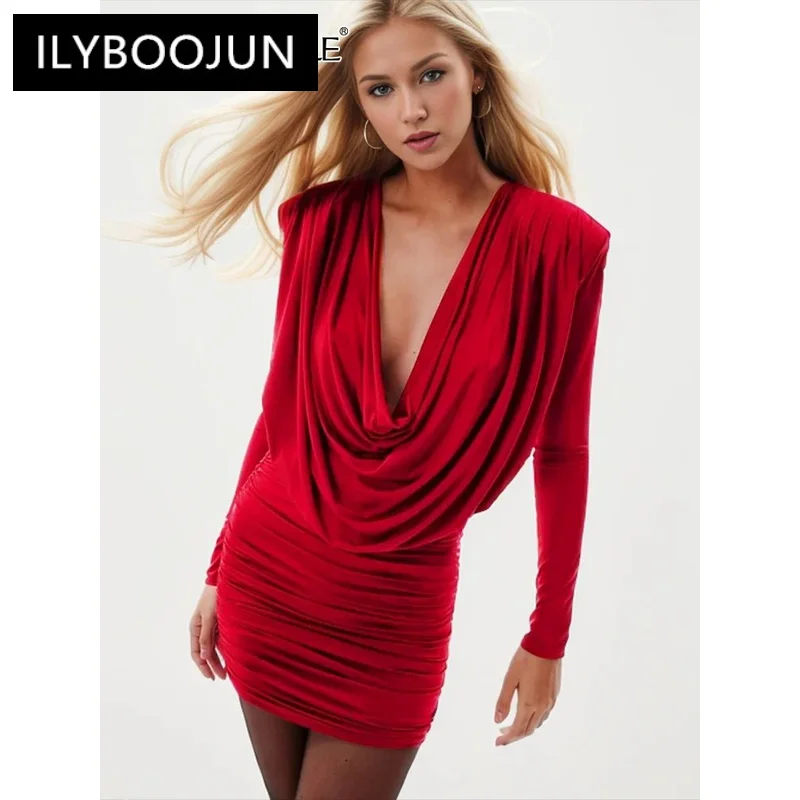 

ILYBOOJUN Solid Patchwork Folds Mini Dress For Women Swinging Collar Long Sleeve High Waist Temperament Dresses Female New