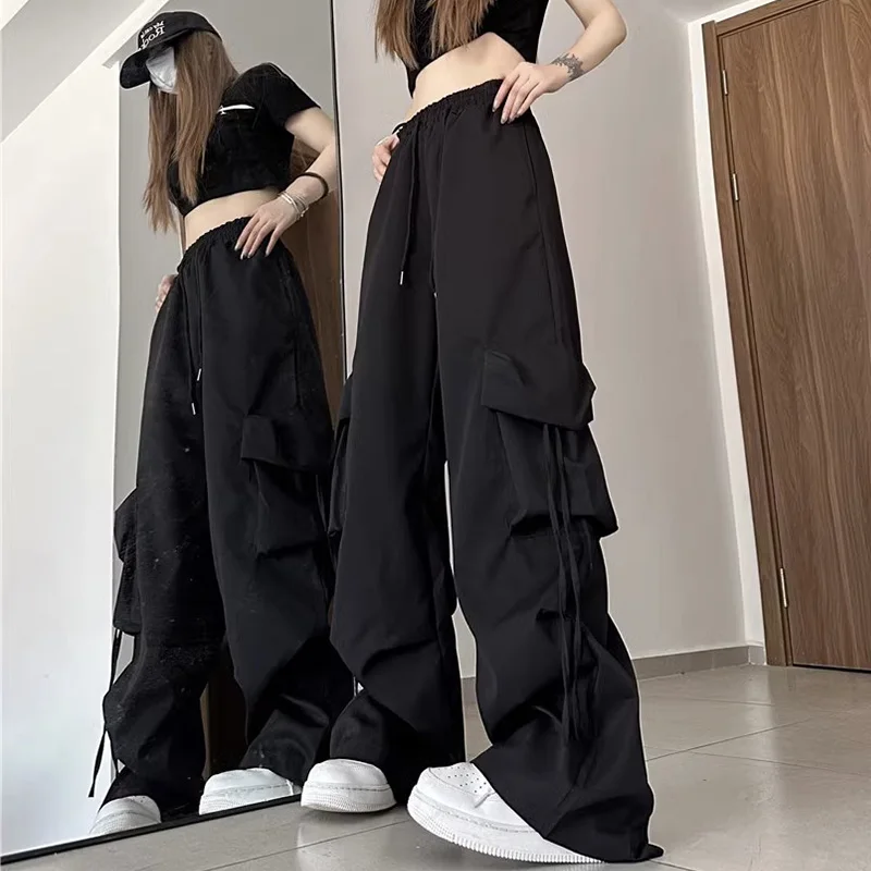 High street retro casual large pocket overalls women's new summer high waist loose straight tube draped wide leg pants