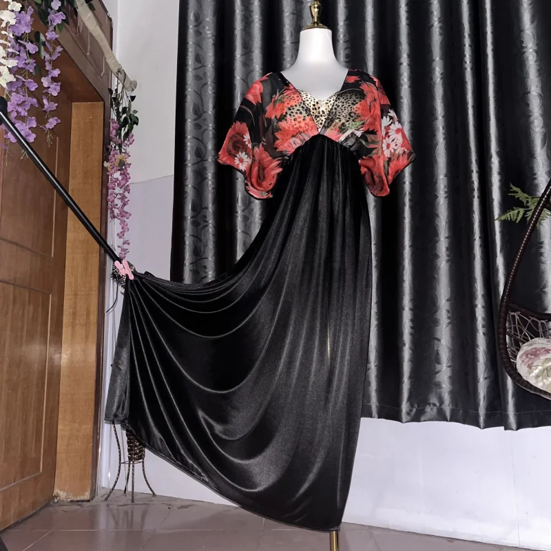 robe-elegante-en-soie-glacee-double-face-motif-floral-taille-cintree-toucher-soyeux-douce-et-brillante-col-en-v-profond-transparente-pour-l'ete-et-la-nuit