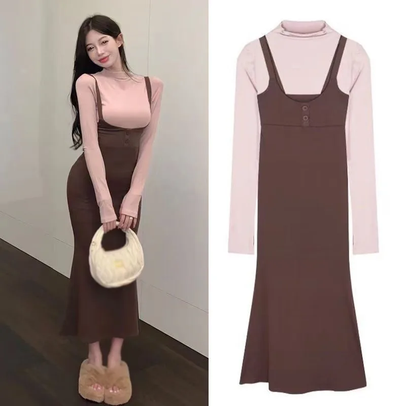 

Two Piece Set Women Korean Version Dress Base Coat Fishtail Skirt Waist Closing Sling Skirt Suit Slim Fit